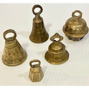 Vintage Brass Sarna Bell Set India Etched Decorative Religious- Graduated & Claw